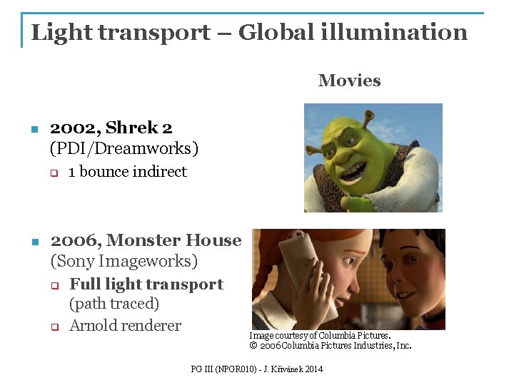 Light transport – Global illumination Movies n 2002, Shrek 2 (PDI/Dreamworks) q n 1
