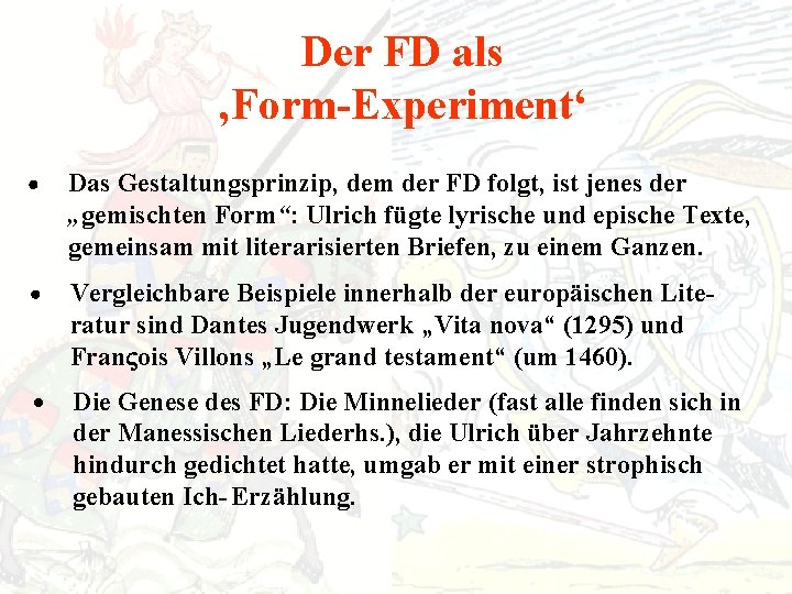 Der FD als ‚Form-Experiment‘ Das Gestaltungsprinzip, dem der FD folgt, ist jenes der „gemischten
