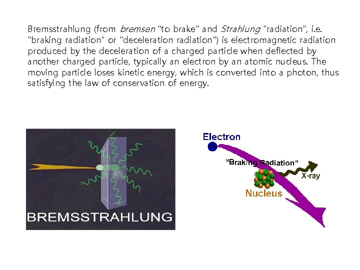 Bremsstrahlung (from bremsen "to brake" and Strahlung "radiation", i. e. "braking radiation" or "deceleration