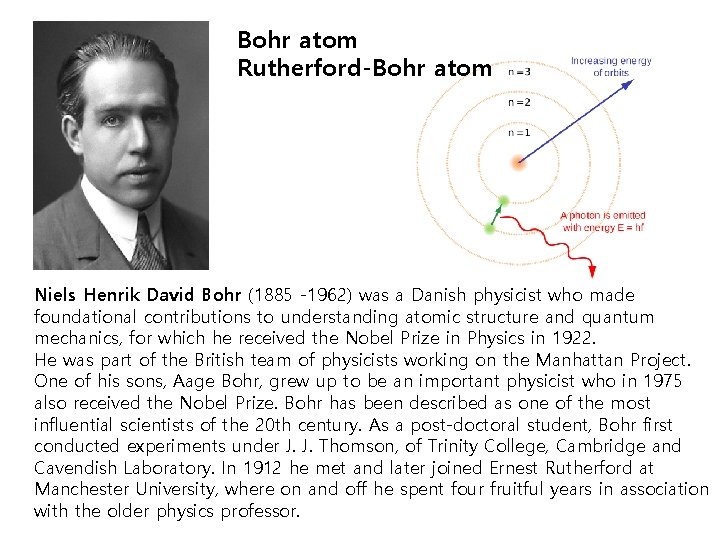 Bohr atom Rutherford-Bohr atom Niels Henrik David Bohr (1885 -1962) was a Danish physicist
