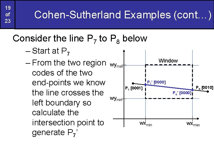 19 of 23 Cohen-Sutherland Examples (cont…) Consider the line P 7 to P 8