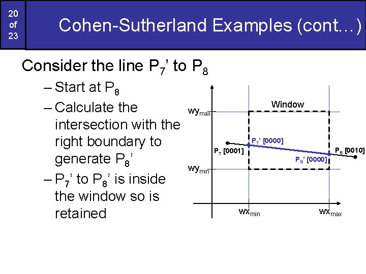 20 of 23 Cohen-Sutherland Examples (cont…) Consider the line P 7’ to P 8