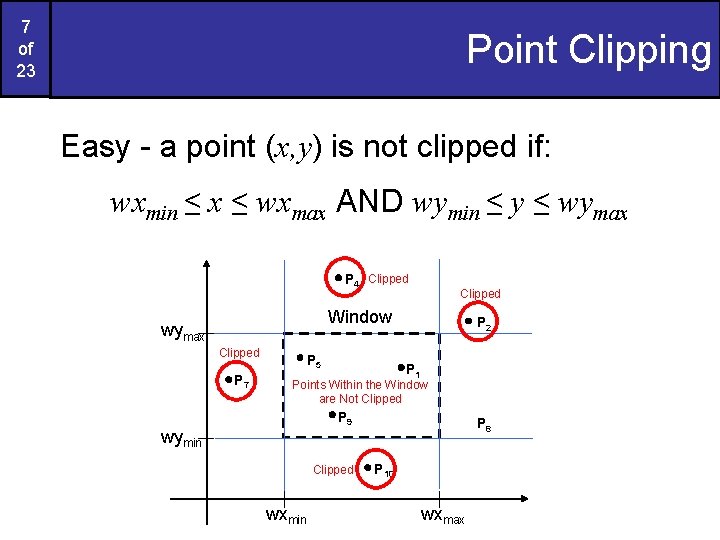 7 of 23 Point Clipping Easy - a point (x, y) is not clipped
