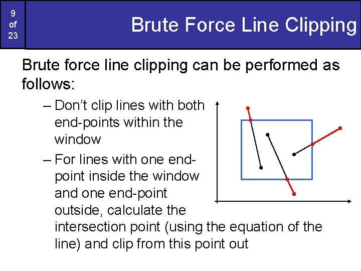 9 of 23 Brute Force Line Clipping Brute force line clipping can be performed