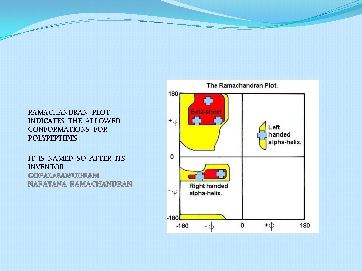 RAMACHANDRAN PLOT INDICATES THE ALLOWED CONFORMATIONS FOR POLYPEPTIDES IT IS NAMED SO AFTER ITS