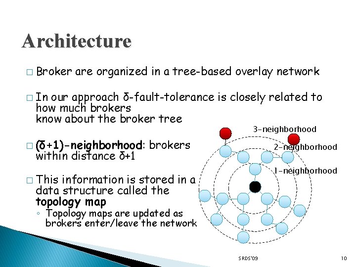 Architecture � Broker are organized in a tree-based overlay network � In our approach