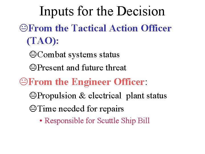 Inputs for the Decision KFrom the Tactical Action Officer (TAO): KCombat systems status KPresent