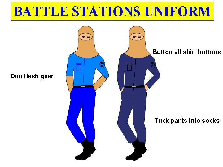 BATTLE STATIONS UNIFORM Button all shirt buttons Don flash gear Tuck pants into socks