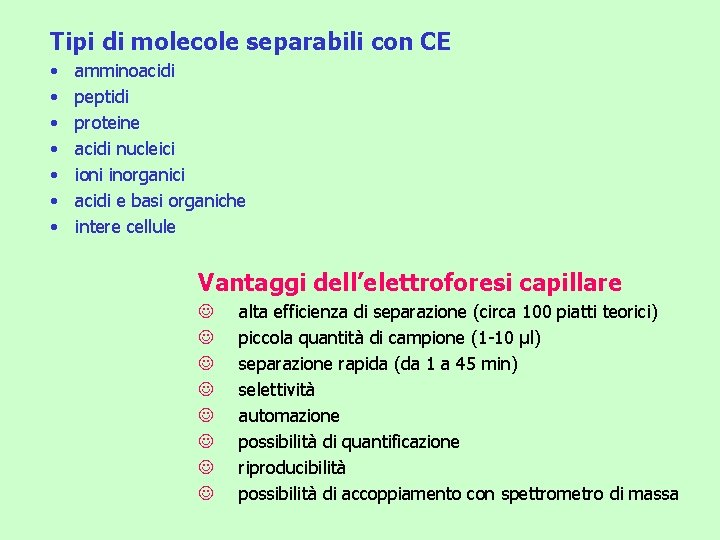 Tipi di molecole separabili con CE • • amminoacidi peptidi proteine acidi nucleici ioni