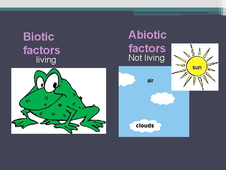 Biotic factors living Abiotic factors Not living sun air clouds 