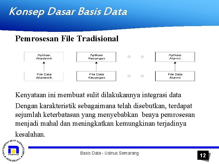 Konsep Dasar Basis Data Pemrosesan File Tradisional Kenyataan ini membuat sulit dilakukannya integrasi data