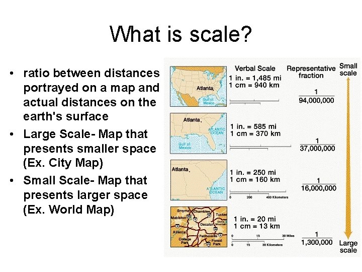 What is scale? • ratio between distances portrayed on a map and actual distances What is scale? • ratio between distances portrayed on a map and actual distances