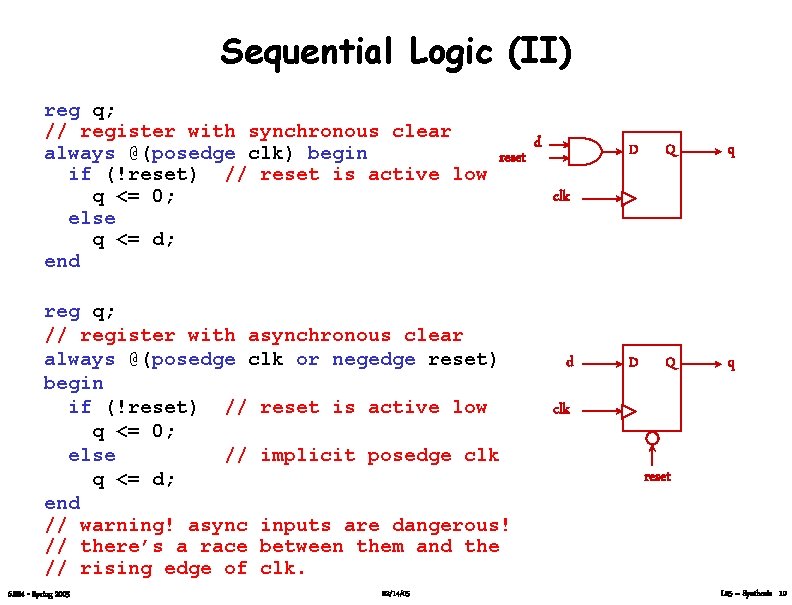 Sequential Logic (II) reg q; // register with synchronous clear d always @(posedge clk)