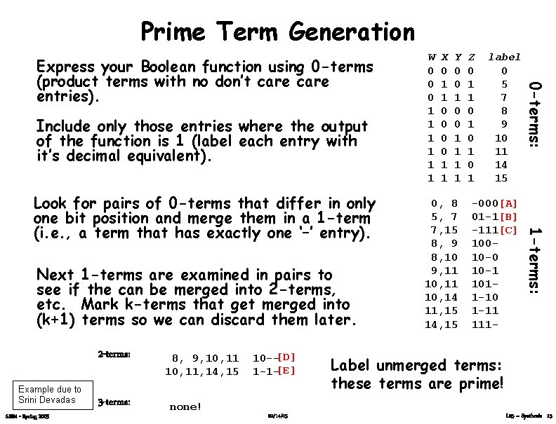 Prime Term Generation Look for pairs of 0 -terms that differ in only one