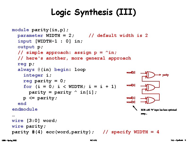 Logic Synthesis (III) module parity(in, p); parameter WIDTH = 2; // default width is