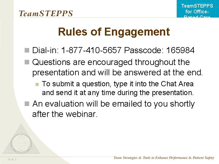 Team. STEPPS for Office. Based Care Rules of Engagement n Dial-in: 1 -877 -410