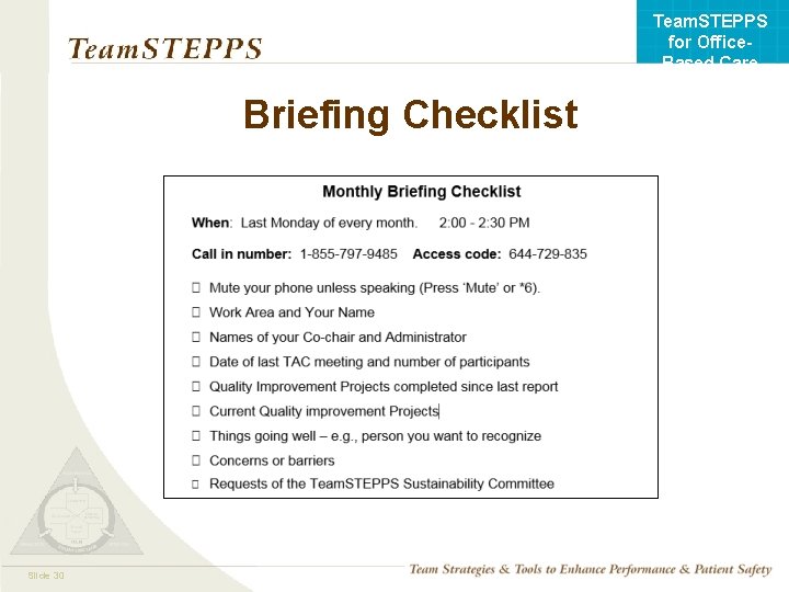 Team. STEPPS for Office. Based Care Briefing Checklist Mod 130 Slide 05. 2 Page