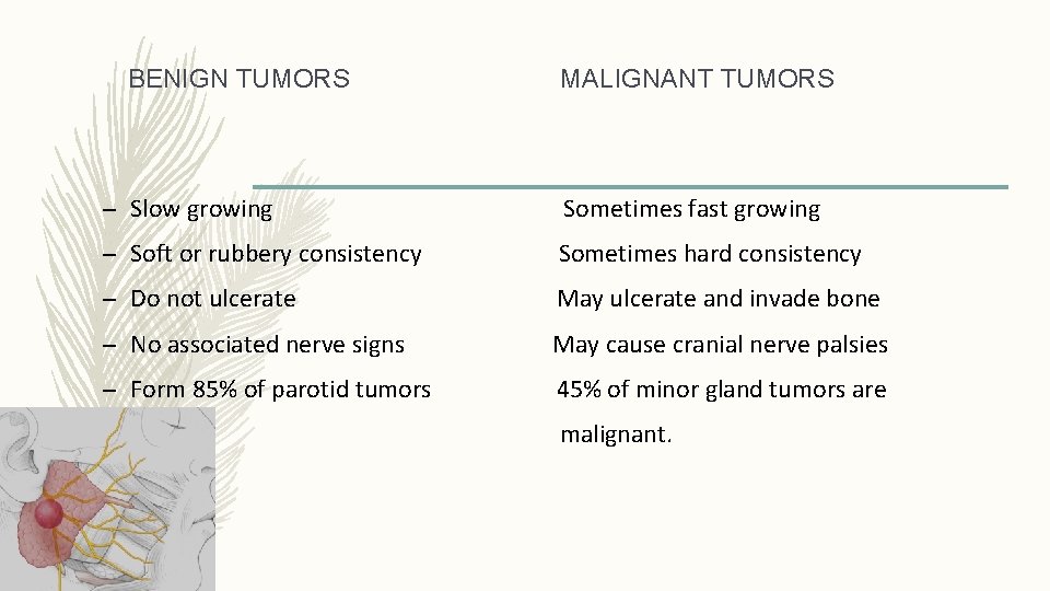 BENIGN TUMORS MALIGNANT TUMORS – Slow growing Sometimes fast growing – Soft or rubbery