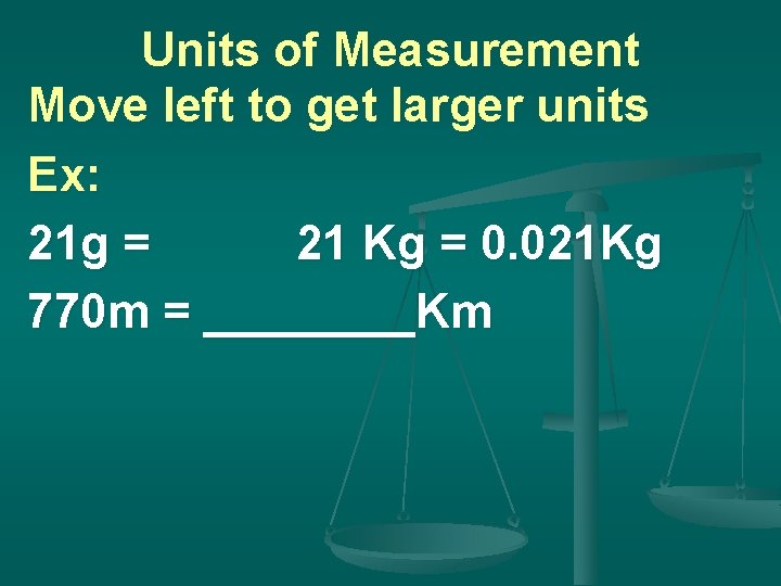 Units of Measurement Move left to get larger units Ex: 21 g = 21
