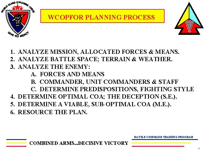 F WCOPFOR PLANNING PROCESS 1. ANALYZE MISSION, ALLOCATED FORCES & MEANS. 2. ANALYZE BATTLE