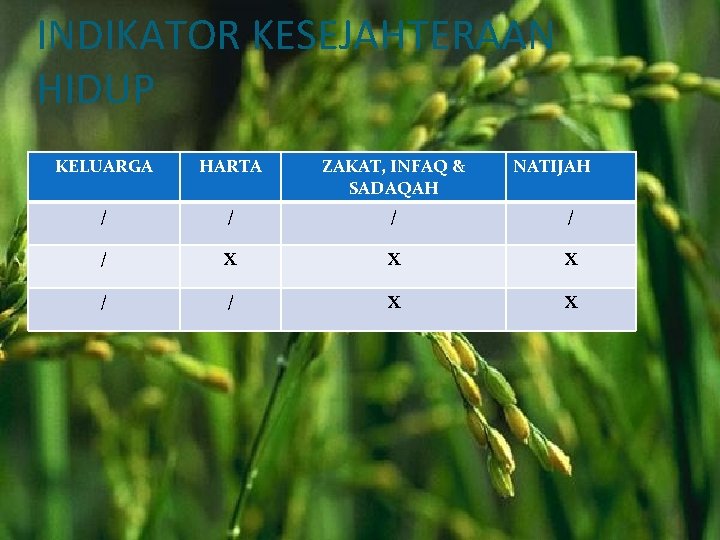 INDIKATOR KESEJAHTERAAN HIDUP KELUARGA HARTA ZAKAT, INFAQ & SADAQAH NATIJAH / / / X