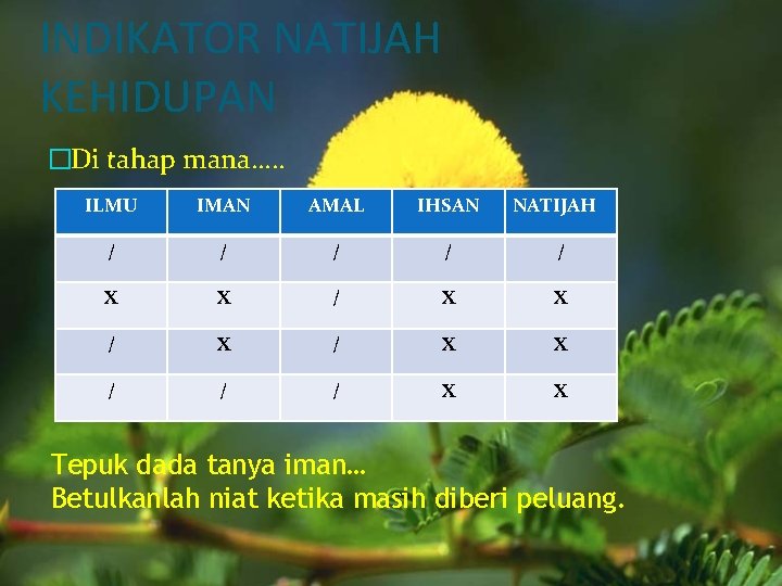 INDIKATOR NATIJAH KEHIDUPAN �Di tahap mana…. . ILMU IMAN AMAL IHSAN NATIJAH / /