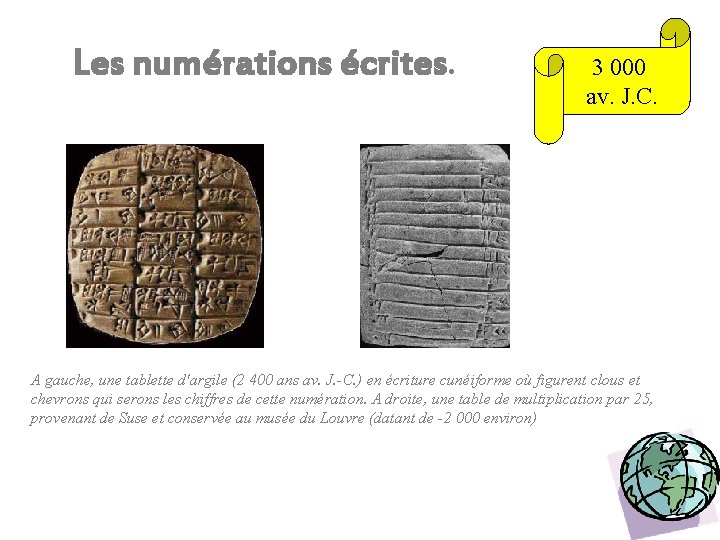 Les numérations écrites. 3 000 av. J. C. A gauche, une tablette d'argile (2