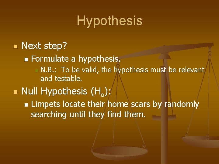 Hypothesis n Next step? n Formulate a hypothesis. n n N. B. : To