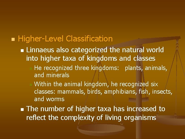 n Higher-Level Classification n Linnaeus also categorized the natural world into higher taxa of