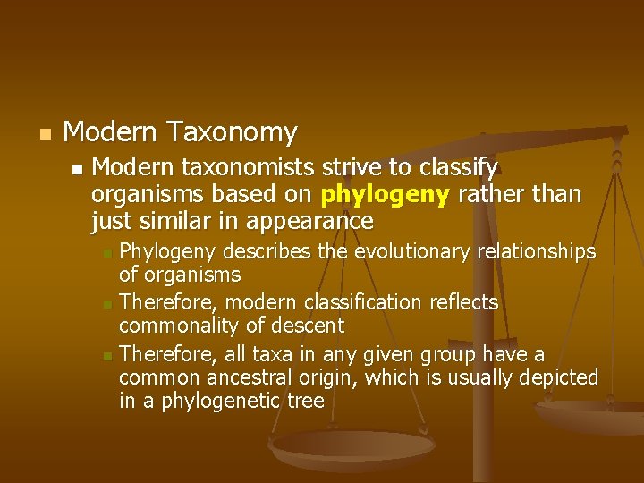 n Modern Taxonomy n Modern taxonomists strive to classify organisms based on phylogeny rather