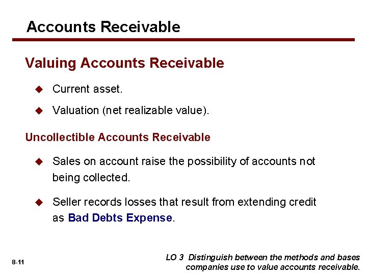 Accounts Receivable Valuing Accounts Receivable u Current asset. u Valuation (net realizable value). Uncollectible