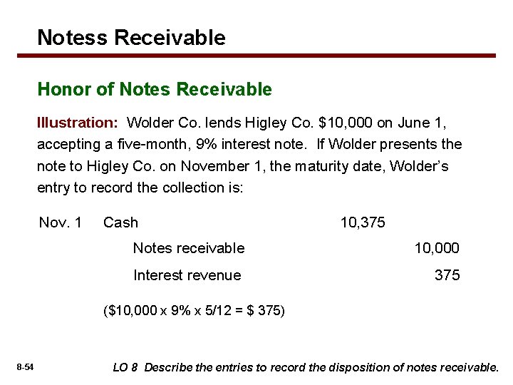 Notess Receivable Honor of Notes Receivable Illustration: Wolder Co. lends Higley Co. $10, 000