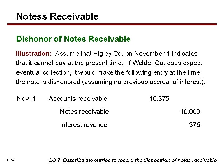 Notess Receivable Dishonor of Notes Receivable Illustration: Assume that Higley Co. on November 1