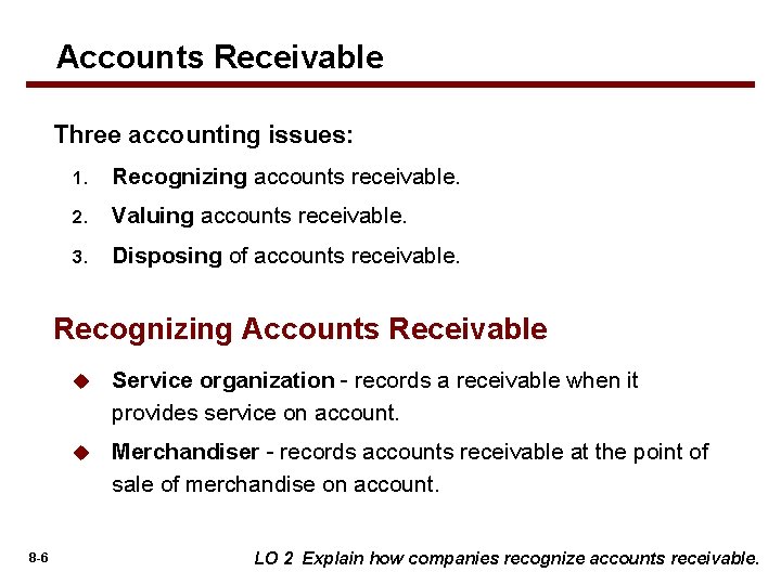 Accounts Receivable Three accounting issues: 1. Recognizing accounts receivable. 2. Valuing accounts receivable. 3.