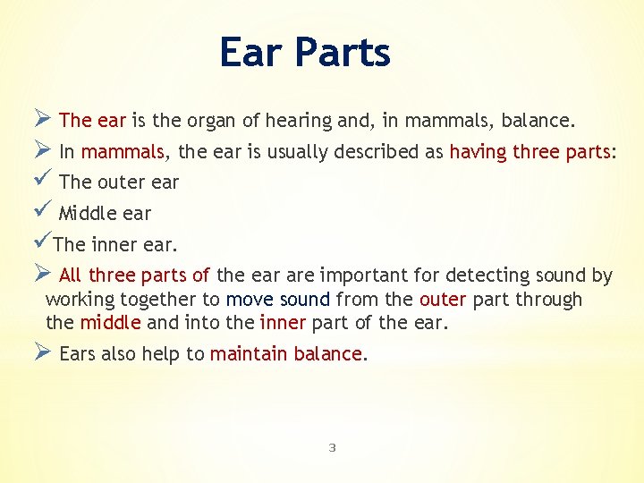 Ear Parts Ø The ear is the organ of hearing and, in mammals, balance.