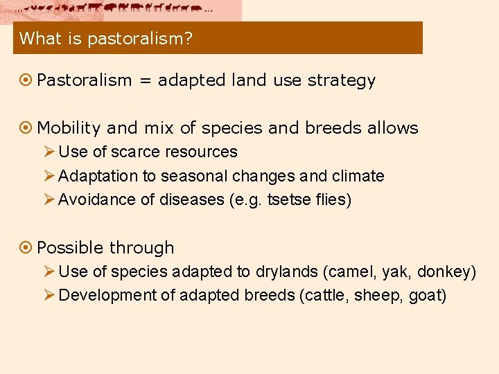 What is pastoralism? ¤ Pastoralism = adapted land use strategy ¤ Mobility and mix