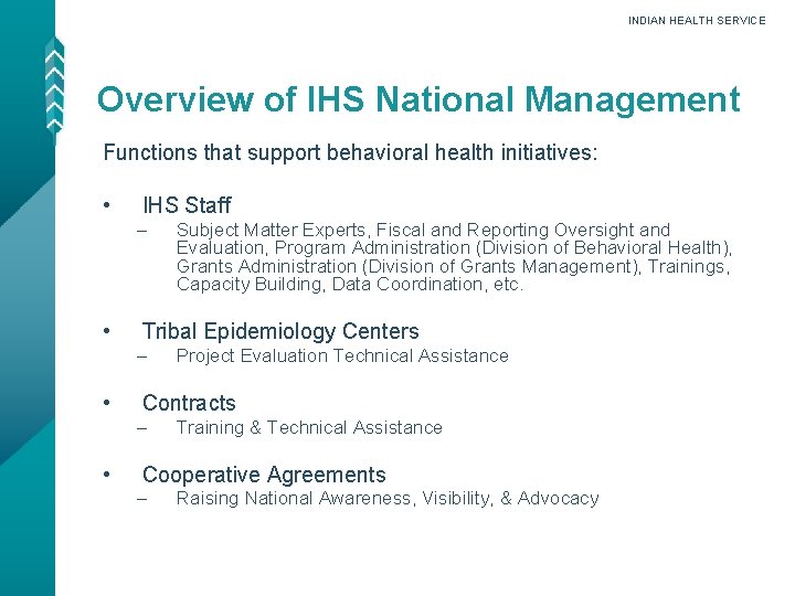 INDIAN HEALTH SERVICE Overview of IHS National Management Functions that support behavioral health initiatives: