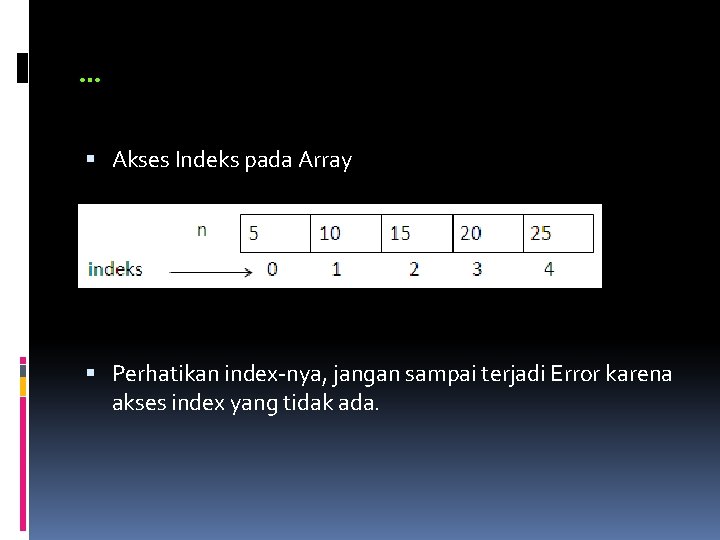 … Akses Indeks pada Array Perhatikan index-nya, jangan sampai terjadi Error karena akses index