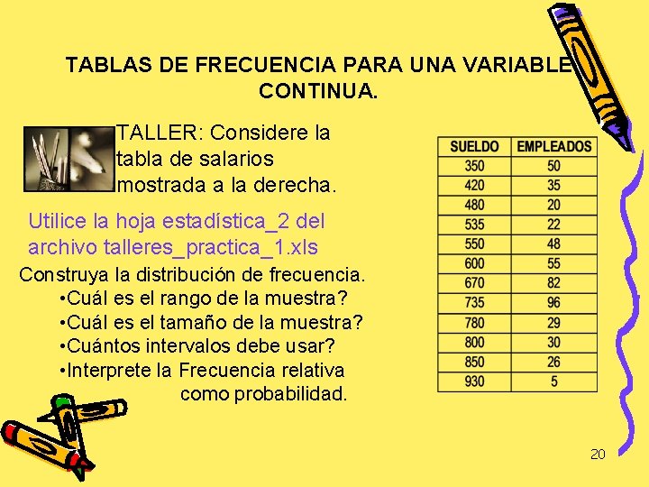 TABLAS DE FRECUENCIA PARA UNA VARIABLE CONTINUA. TALLER: Considere la tabla de salarios mostrada