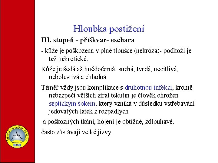 Hloubka postižení III. stupeň - příškvar- eschara - kůže je poškozena v plné tloušce