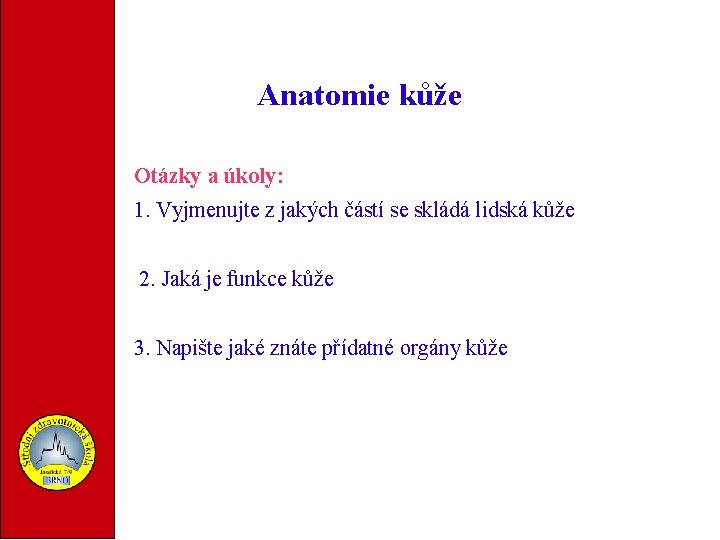 Anatomie kůže Otázky a úkoly: 1. Vyjmenujte z jakých částí se skládá lidská kůže