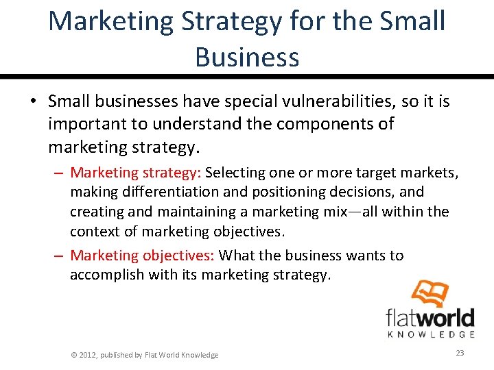 Marketing Strategy for the Small Business • Small businesses have special vulnerabilities, so it