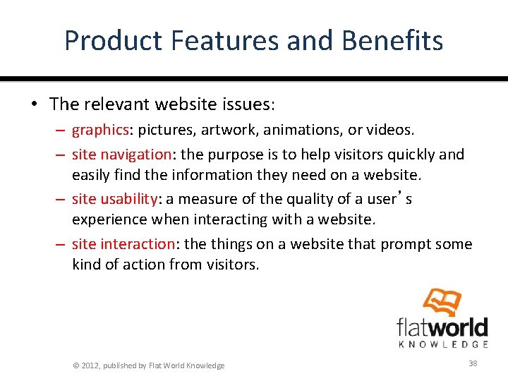 Product Features and Benefits • The relevant website issues: – graphics: pictures, artwork, animations,