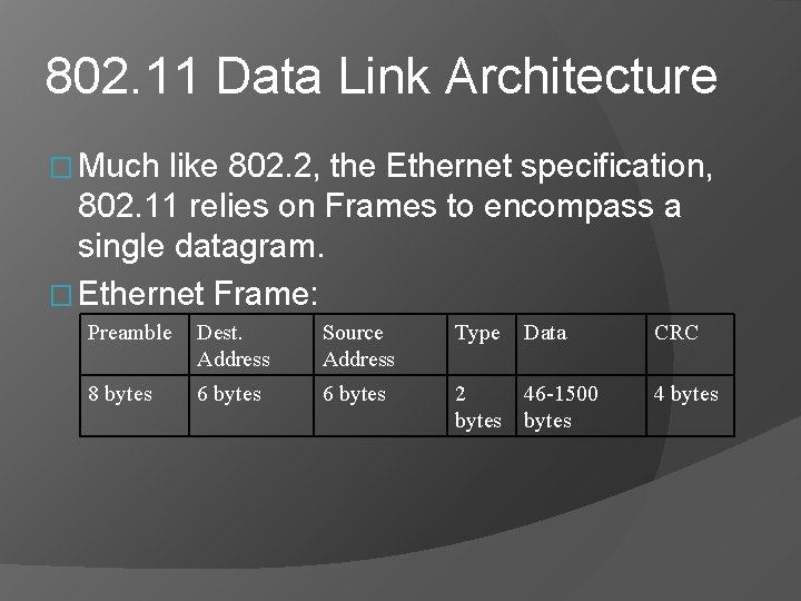 802. 11 Data Link Architecture � Much like 802. 2, the Ethernet specification, 802.