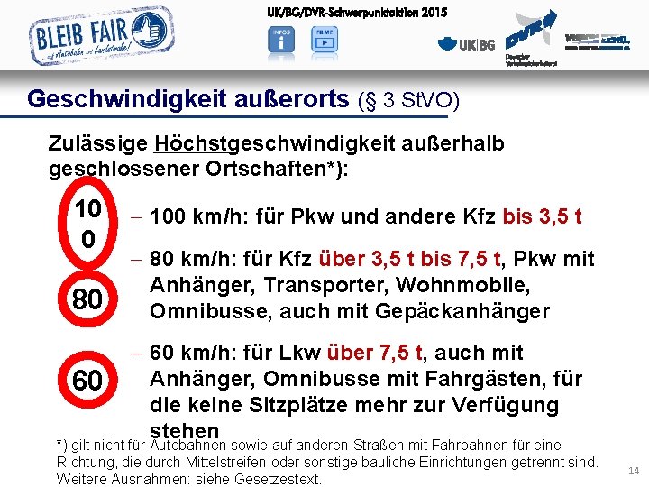 Geschwindigkeit außerorts (§ 3 St. VO) Zulässige Höchstgeschwindigkeit außerhalb geschlossener Ortschaften*): 10 0 80