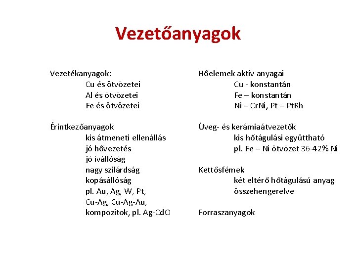 Vezetőanyagok Vezetékanyagok: Cu és ötvözetei Al és ötvözetei Fe és ötvözetei Hőelemek aktív anyagai