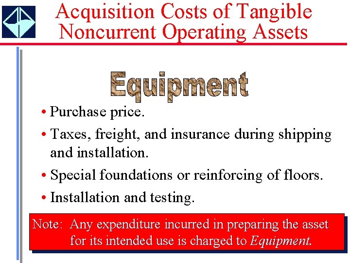 Acquisition Costs of Tangible Noncurrent Operating Assets • Purchase price. • Taxes, freight, and