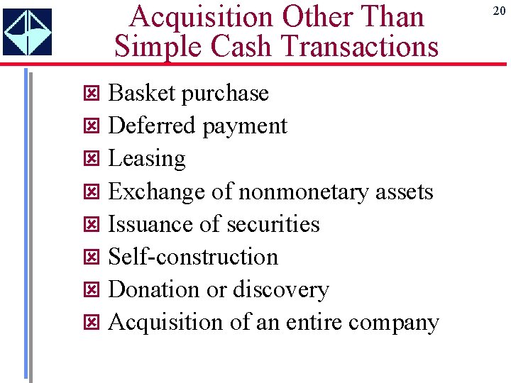 Acquisition Other Than Simple Cash Transactions ý Basket purchase ý Deferred payment ý Leasing