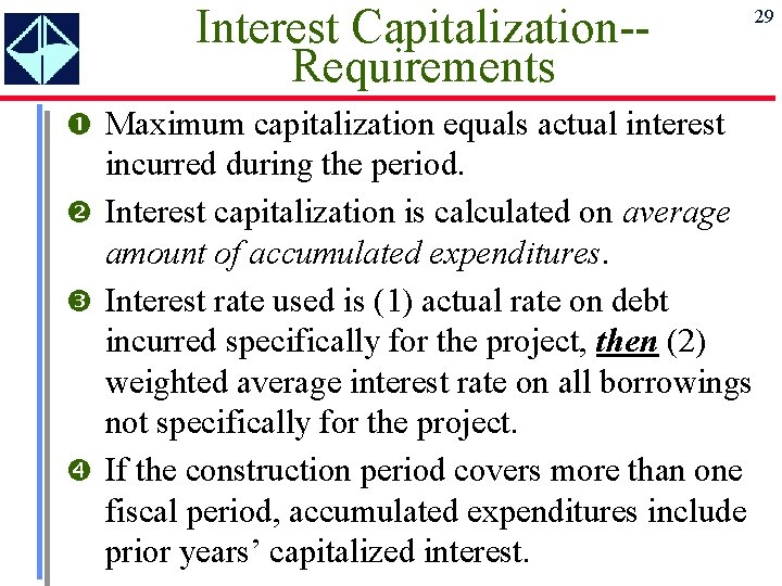 Interest Capitalization-Requirements Maximum capitalization equals actual interest incurred during the period. Interest capitalization is