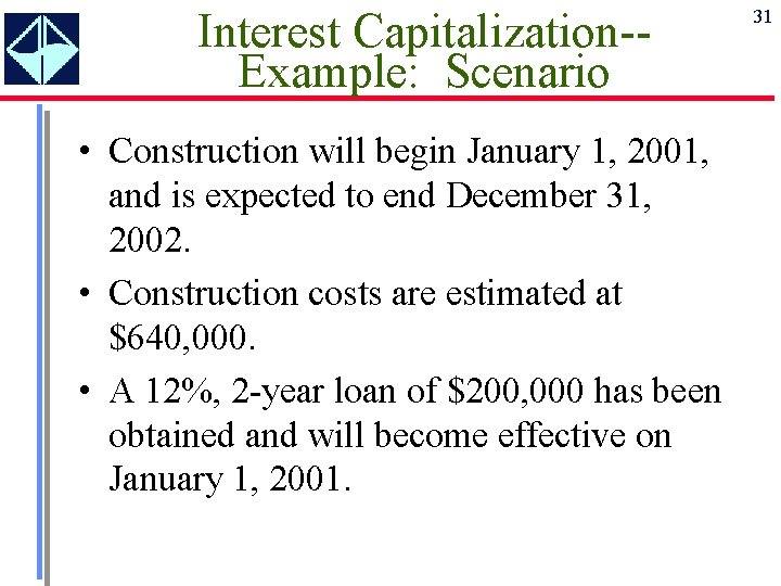 Interest Capitalization-Example: Scenario • Construction will begin January 1, 2001, and is expected to